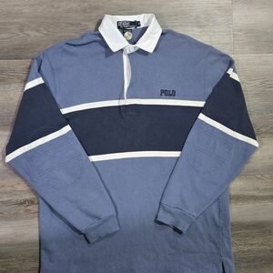 Vintage Polo Ralph Lauren Rugby Shirt Mens Medium Blue Spell Out 90s